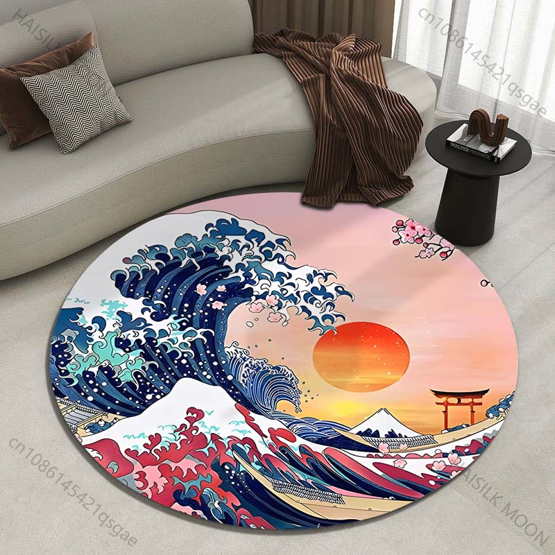 Japanese Home Textiles - 레트로 일본 가나가와 파도 프린트 라운드